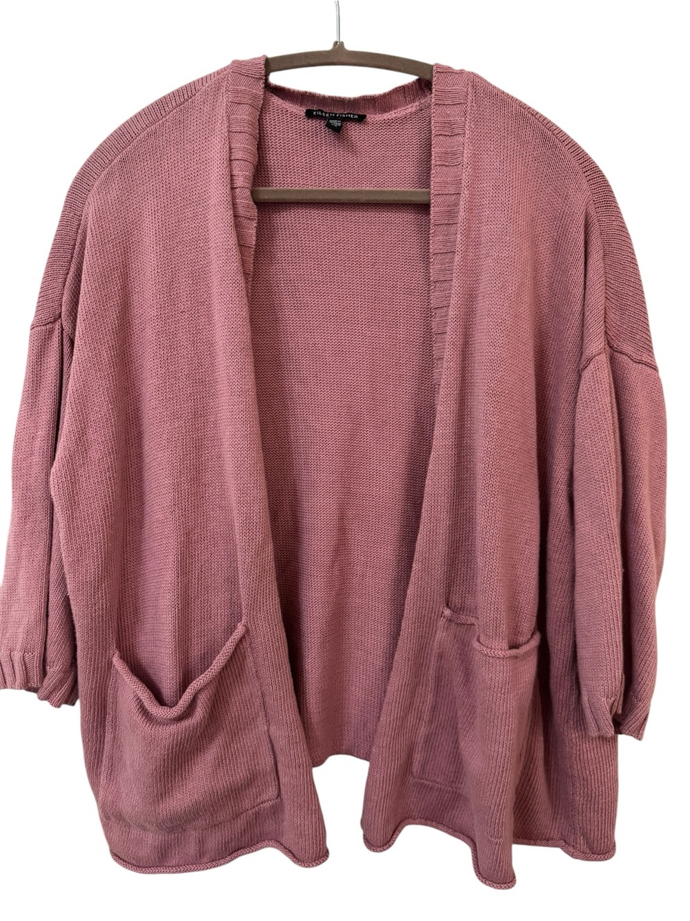 Eileen Fisher Linen Cotton Open Dusty Rose Pink Cardigan Pockets Half-Sleeve